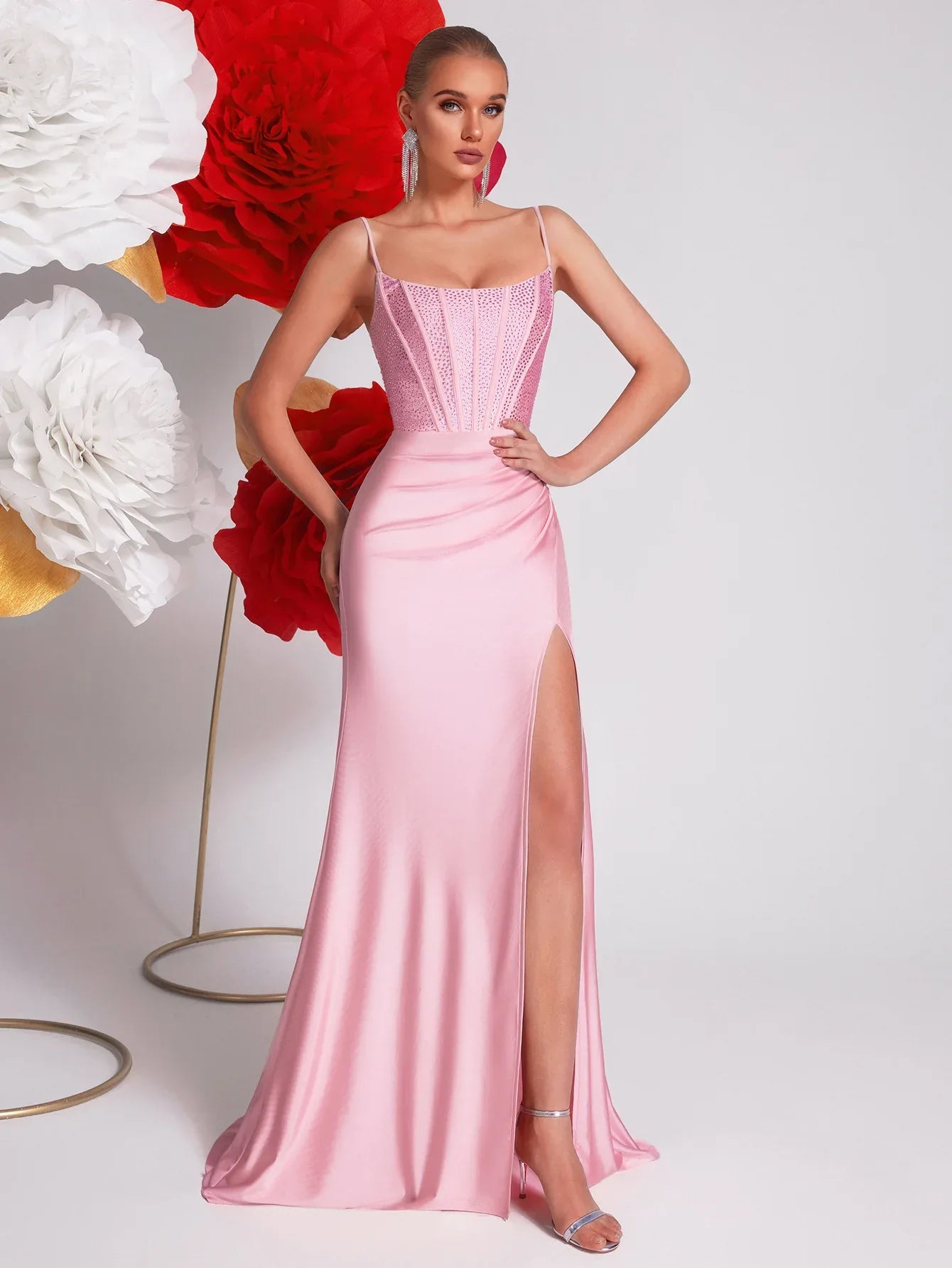 Pink Sling Fishbone Evening Gown Dress – Crystal Appliques, High Slit Mermaid Style - Styeenigma