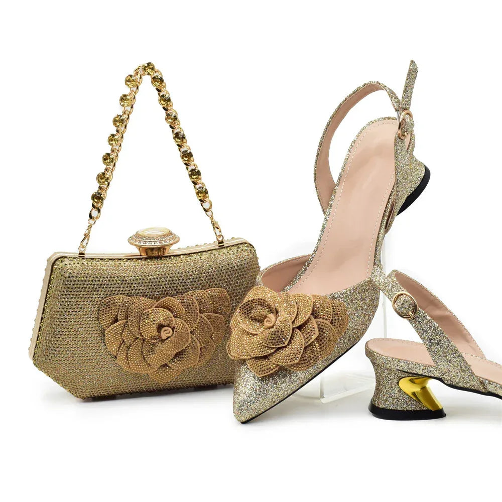 Floral Kitten Heels Sandals & Gemstone Hardbox Bag Evening Set - Styeenigma