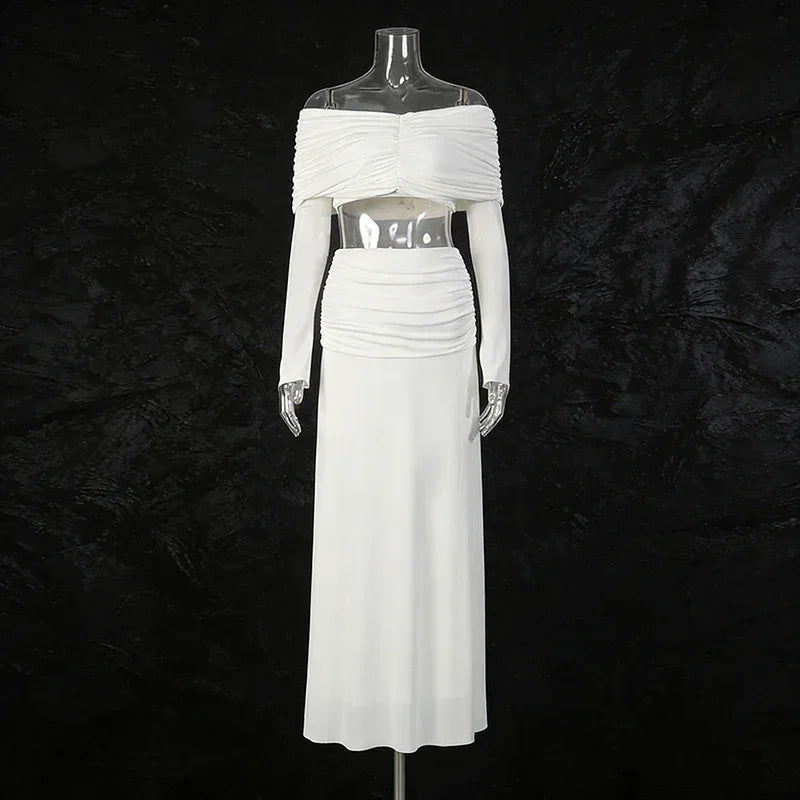 Minimalist Sexy Women’s Two-Piece Set – Off-Shoulder Long Sleeve Crop Top & Pleated Skirt - Styeenigma