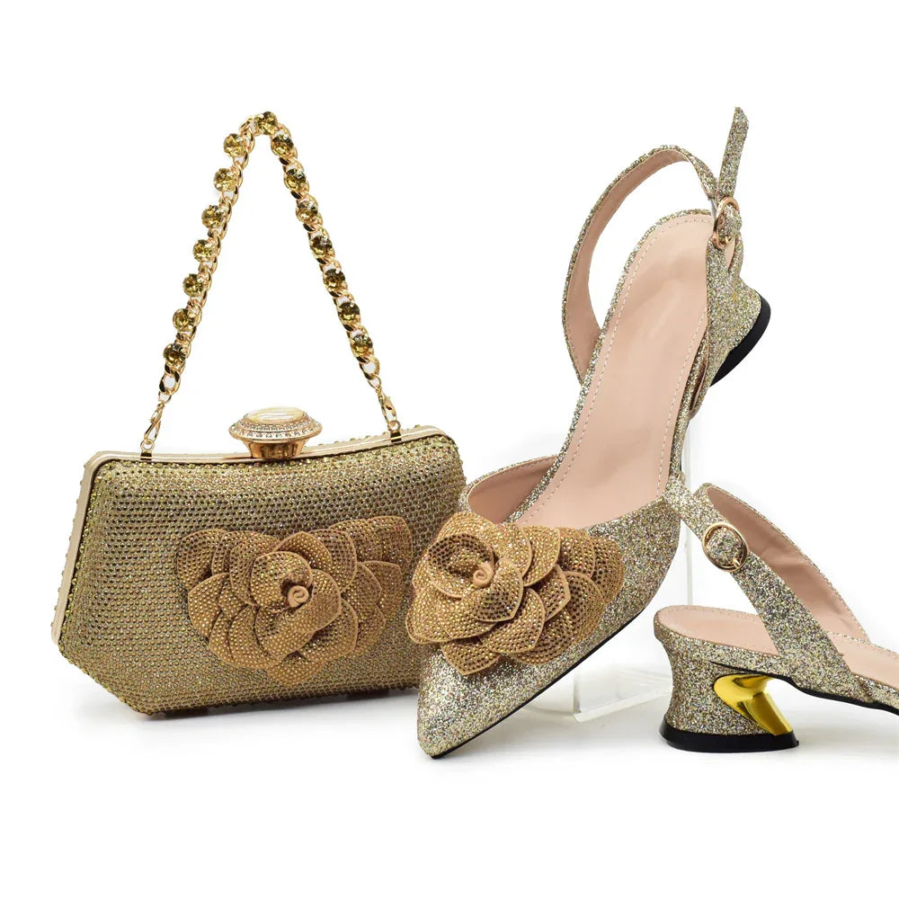Floral Kitten Heels Sandals & Gemstone Hardbox Bag Evening Set - Styeenigma