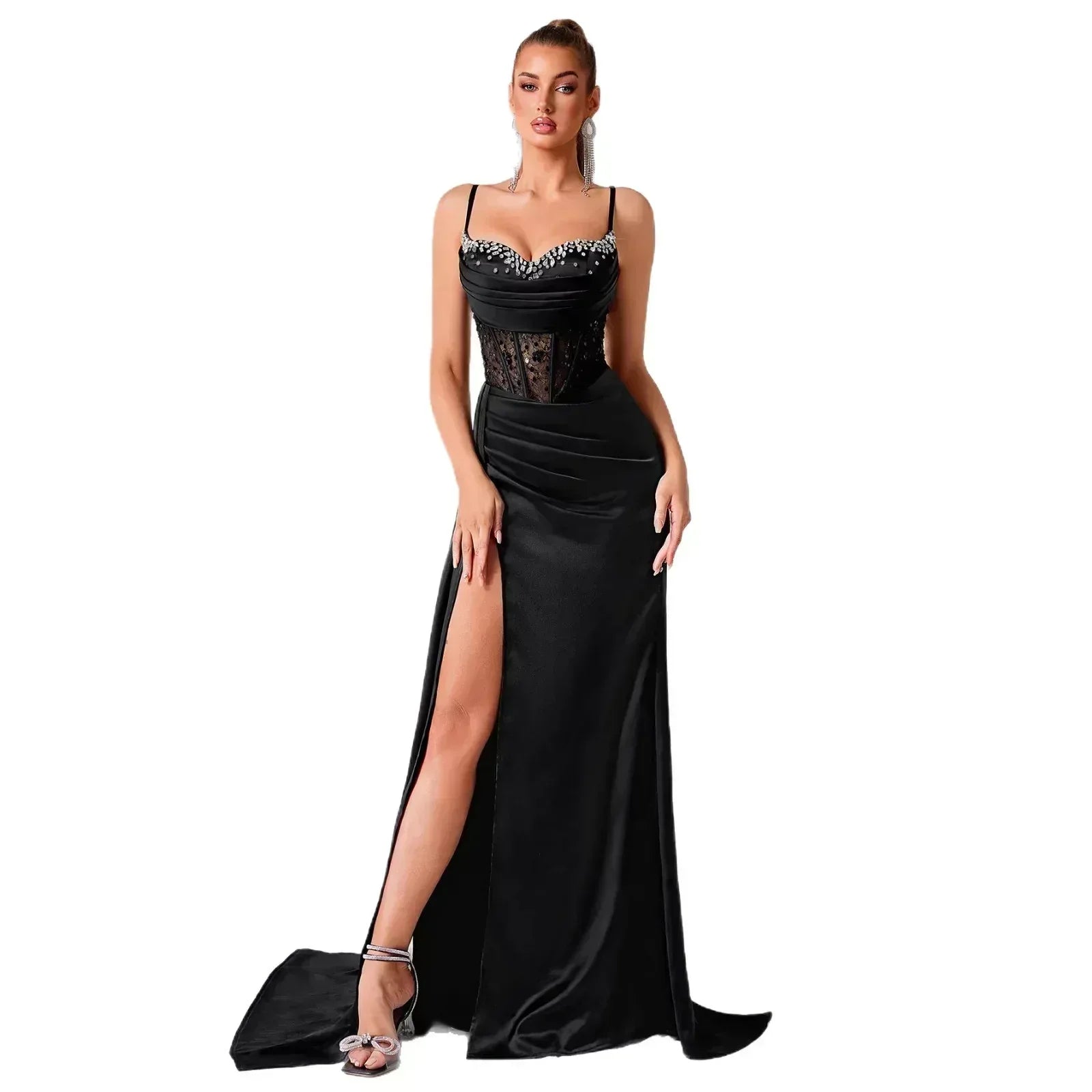 Backless Rhinestone Bustier Evening Gown with Train – Black Formal Dress - Styeenigma