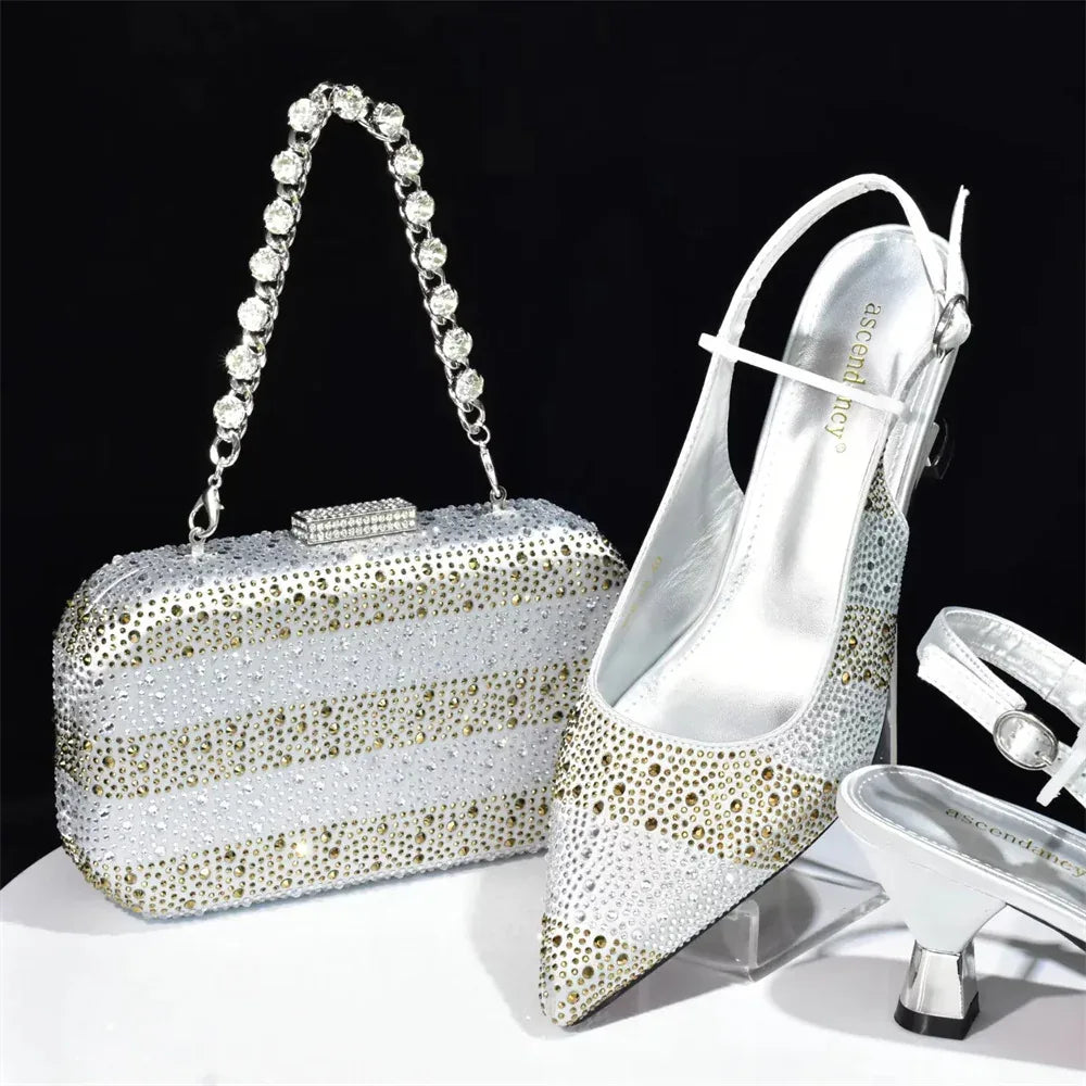 Sequin Stiletto Sandals & Faux-Lock Hardbox Bag Evening Set - Styeenigma
