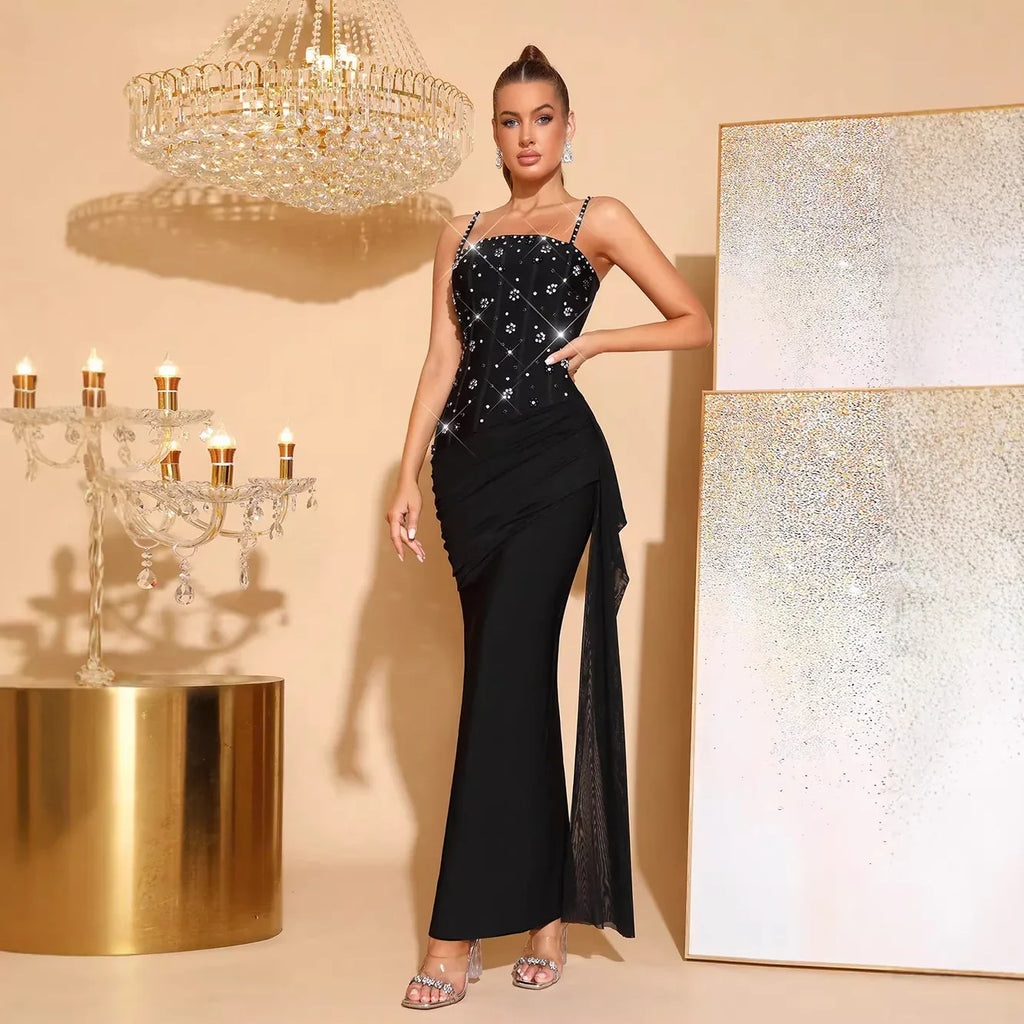 Rhinestone Beaded Bandage Evening Dress – Spaghetti Strap Bodycon Maxi Gown - Styeenigma