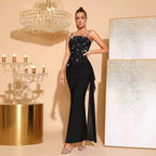 Rhinestone Beaded Bandage Evening Dress – Spaghetti Strap Bodycon Maxi Gown - Styeenigma