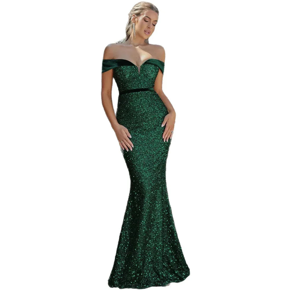 Sequin Off-the-Shoulder Mermaid Evening Gown with Slit Formal Dress - Styeenigma