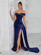 Mermaid Satin Off Shoulder Prom Dress with High Split – Ball Gown For Events