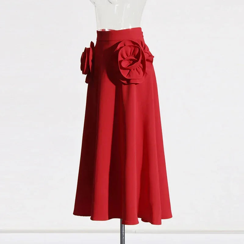 Vintage Palace Style 3D Rose A-Line Midi Skirt for Women - Styeenigma