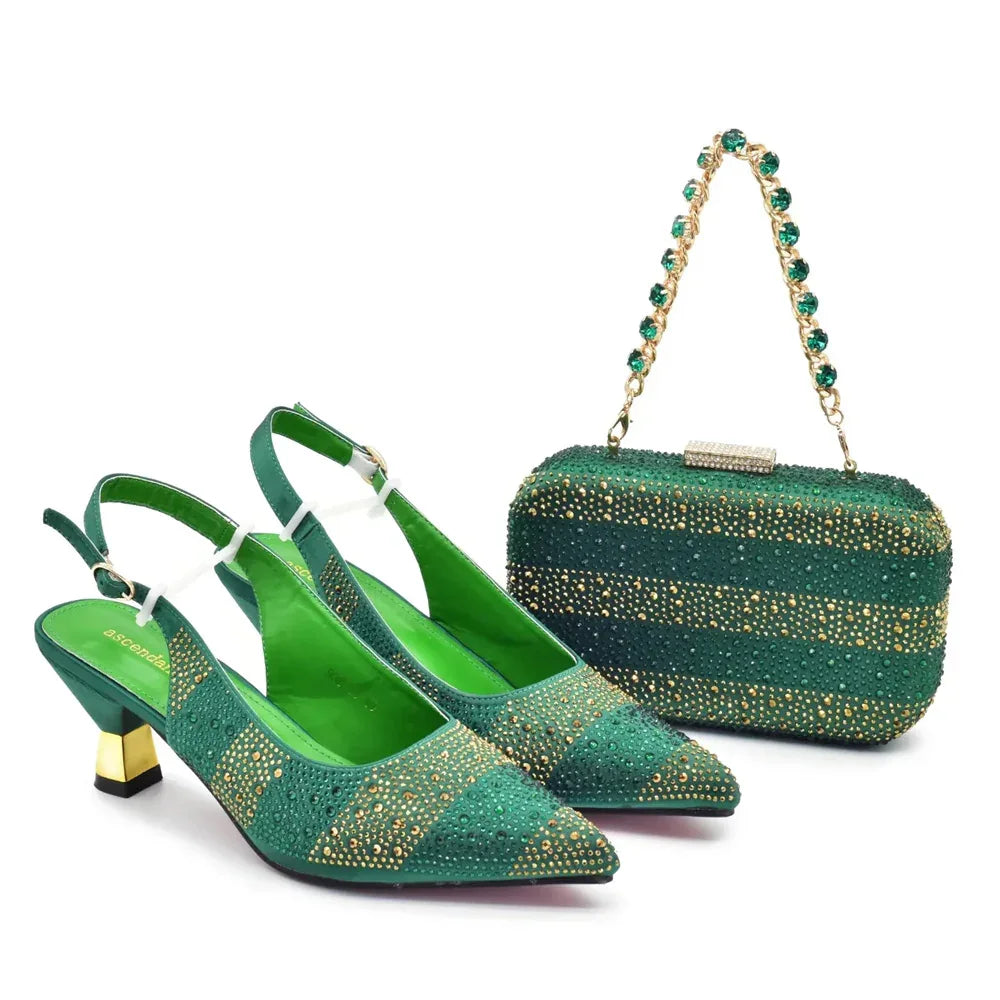Sequin Stiletto Sandals & Faux-Lock Hardbox Bag Evening Set - Styeenigma