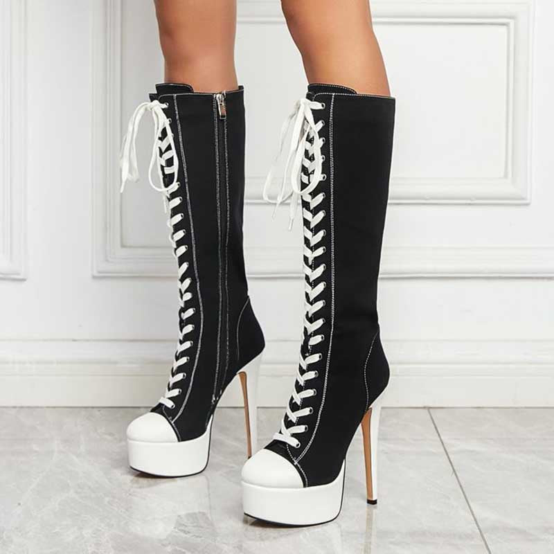 Women’s Black White Knee High Platform Stiletto Sneaker Boots Lace Up High Heel Boots