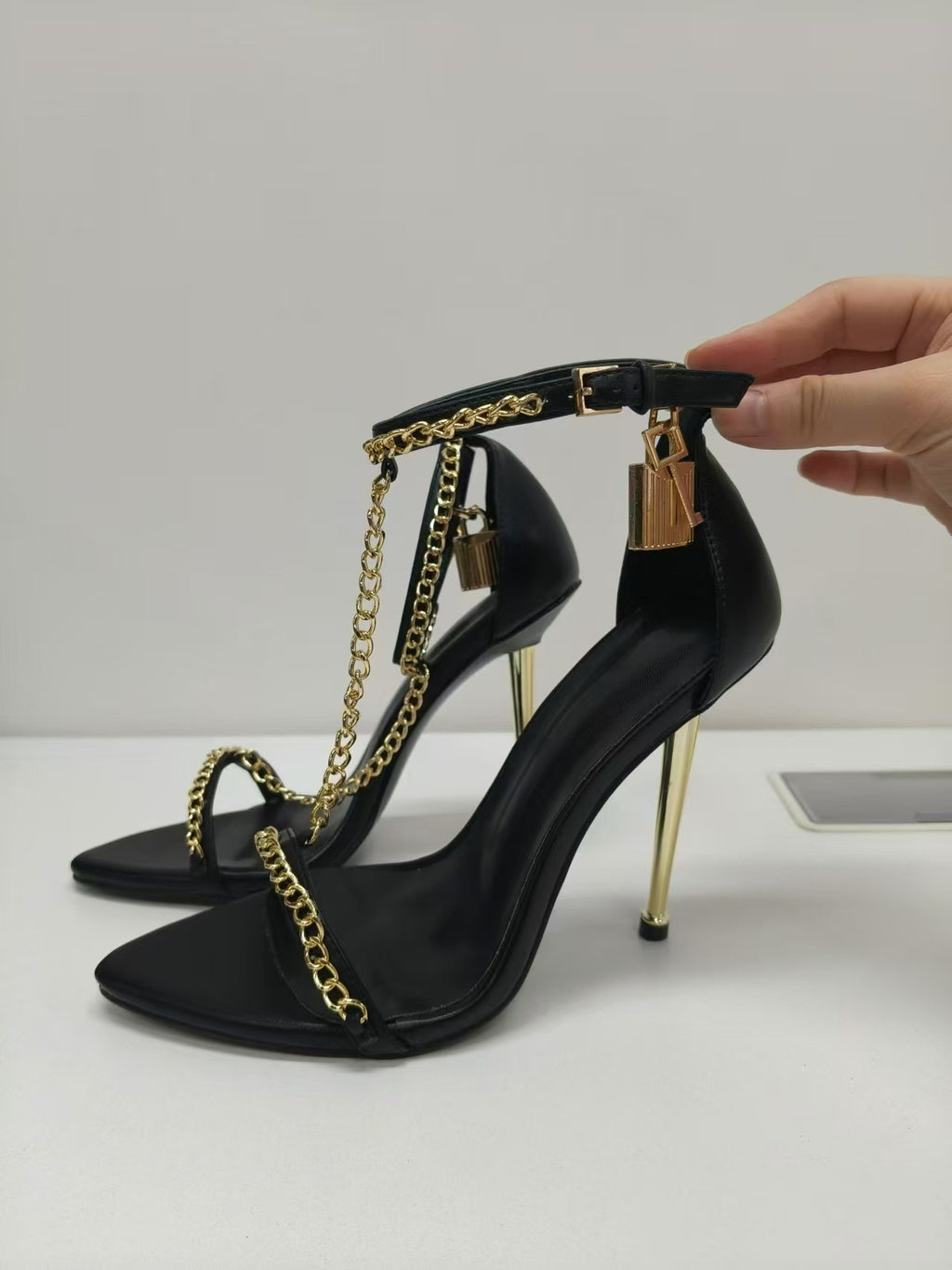 Gold Chain Stiletto Heels for Women – Metallic Sandals with Ankle Strap & Tassel Charm - Styeenigma