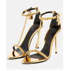 Gold Chain Stiletto Heels for Women – Metallic Sandals with Ankle Strap & Tassel Charm - Styeenigma