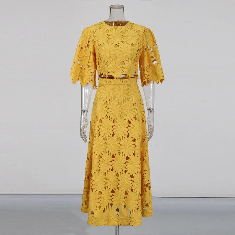 Elegant Two-Piece Set – Embroidered Hollow-Out Crewneck Top & High-Waist Skirt - Styeenigma