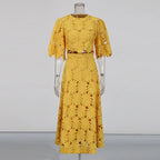 Elegant Two-Piece Set – Embroidered Hollow-Out Crewneck Top & High-Waist Skirt - Styeenigma