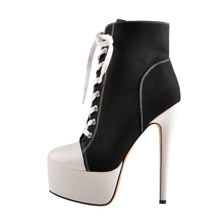 Women’s Black White Platform Stiletto High Heel Sneaker Boots Lace Up Ankle Booties - Styeenigma
