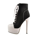Women’s Black White Platform Stiletto High Heel Sneaker Boots Lace Up Ankle Booties - Styeenigma