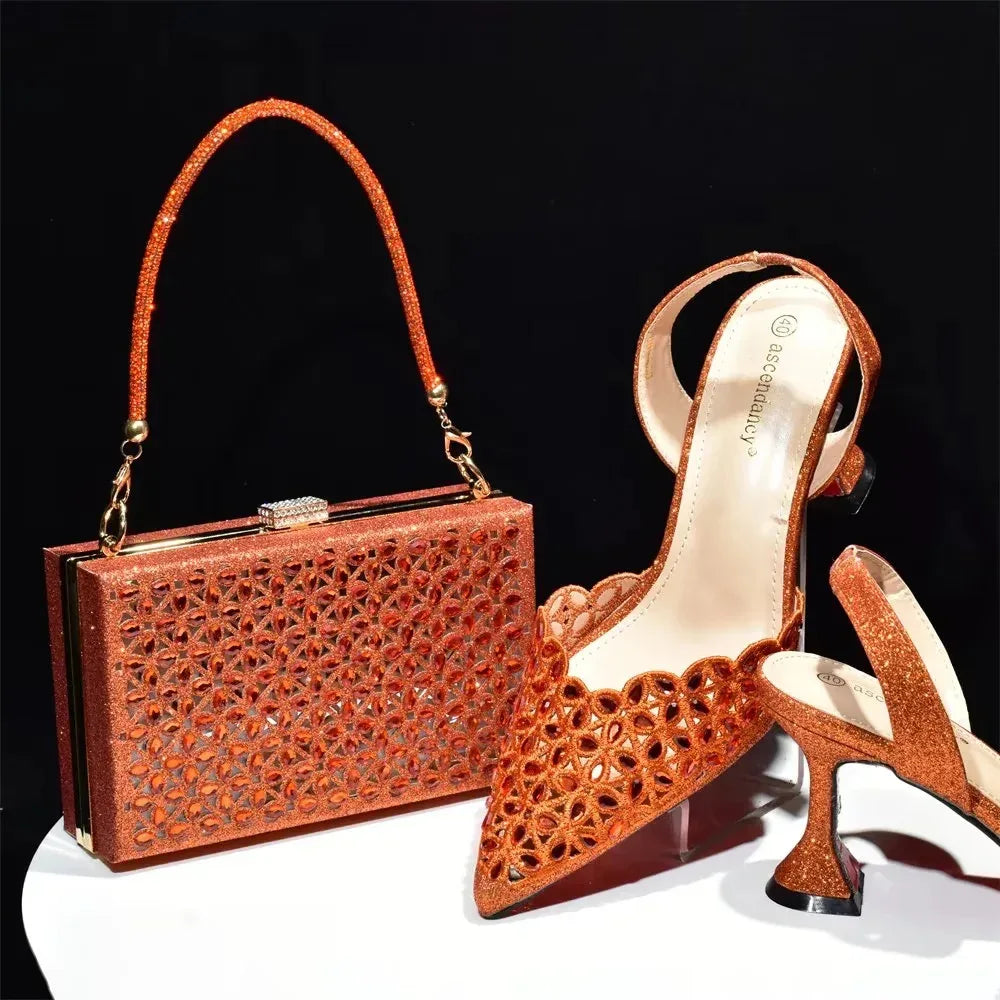 Pointed Toe Sequin Slip-On Stiletto Shoes & Matching Bag Set - Styeenigma