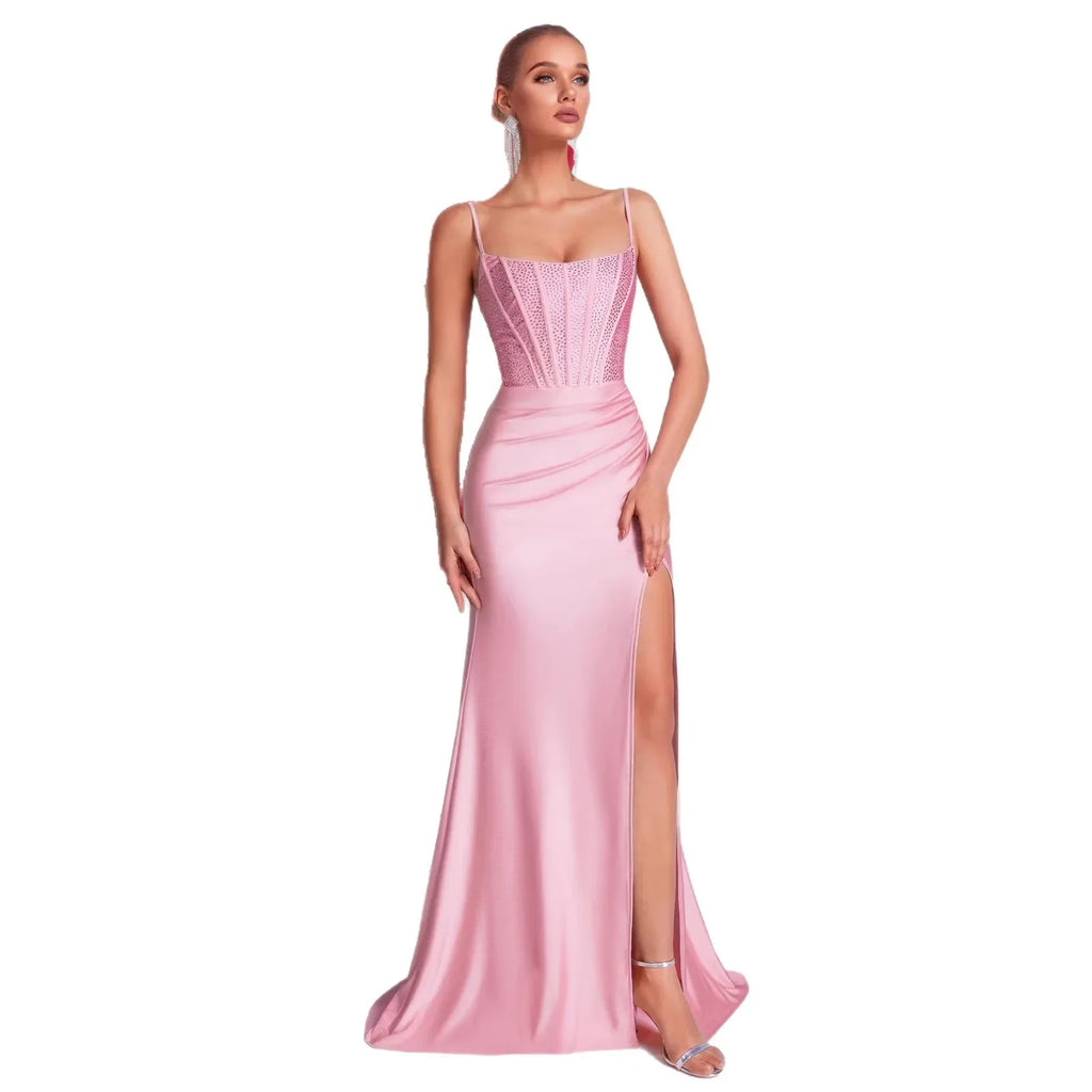 Pink Sling Fishbone Evening Gown Dress – Crystal Appliques, High Slit Mermaid Style - Styeenigma