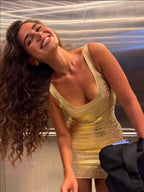 Shimmering Metallic Mini Dress - Sleeveless U-Neck Bandage Party Dress for Women