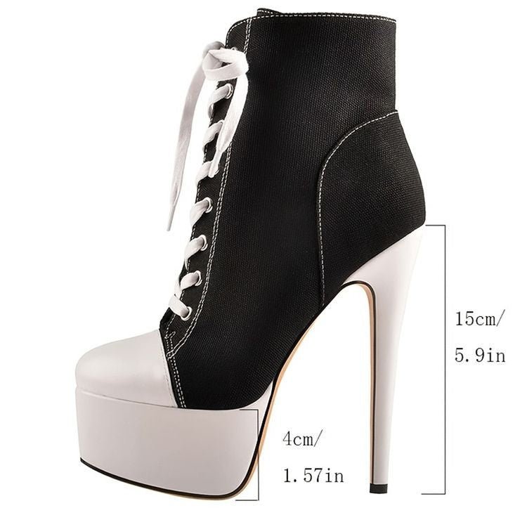 Women’s Black White Platform Stiletto High Heel Sneaker Boots Lace Up Ankle Booties - Styeenigma