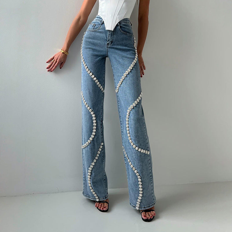 High-Waist Rhinestone Patchwork Wide-Leg Jeans Straight Denim Pants Women