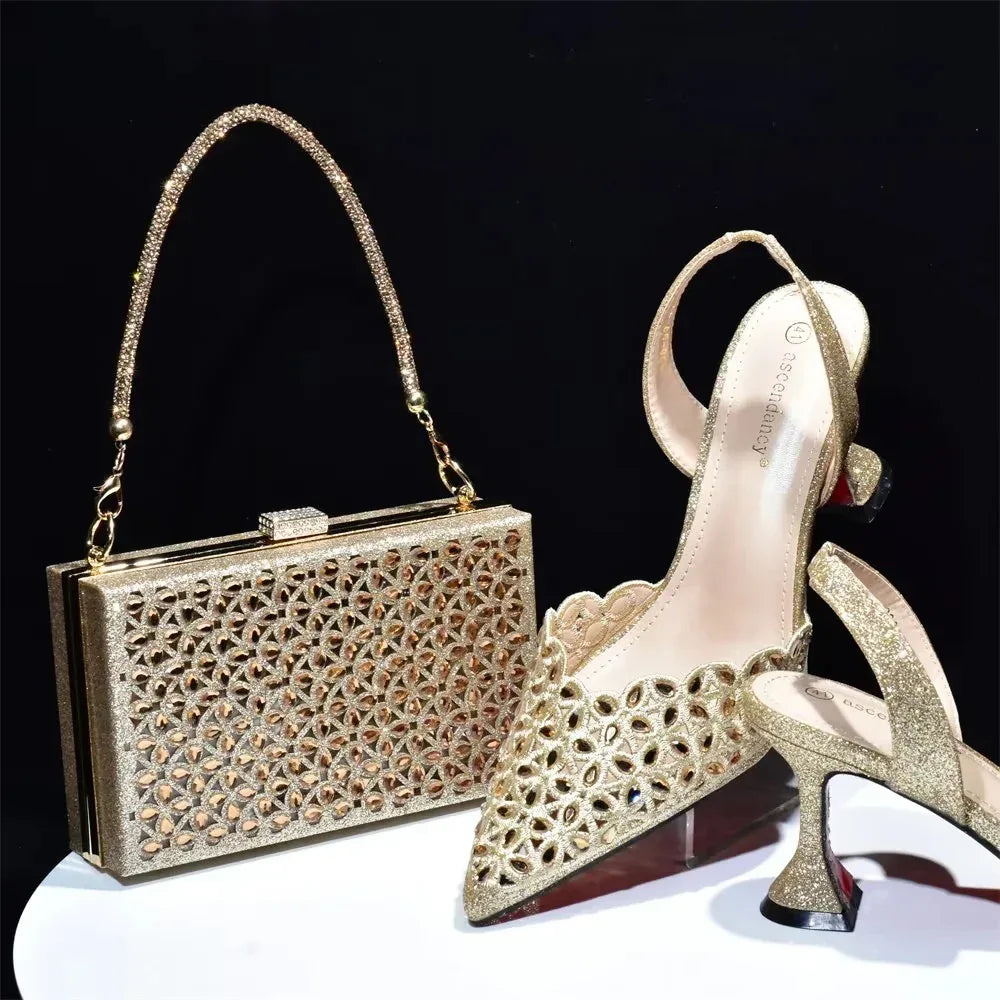 Pointed Toe Sequin Slip-On Stiletto Shoes & Matching Bag Set - Styeenigma