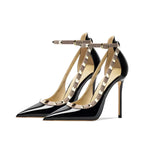 Pointed Toe Patent Leather High Heels Ankle Straps with Studs Detail - Styeenigma