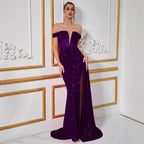 Sequin Off-the-Shoulder Mermaid Long Evening Gown Dress With Slit - Styeenigma