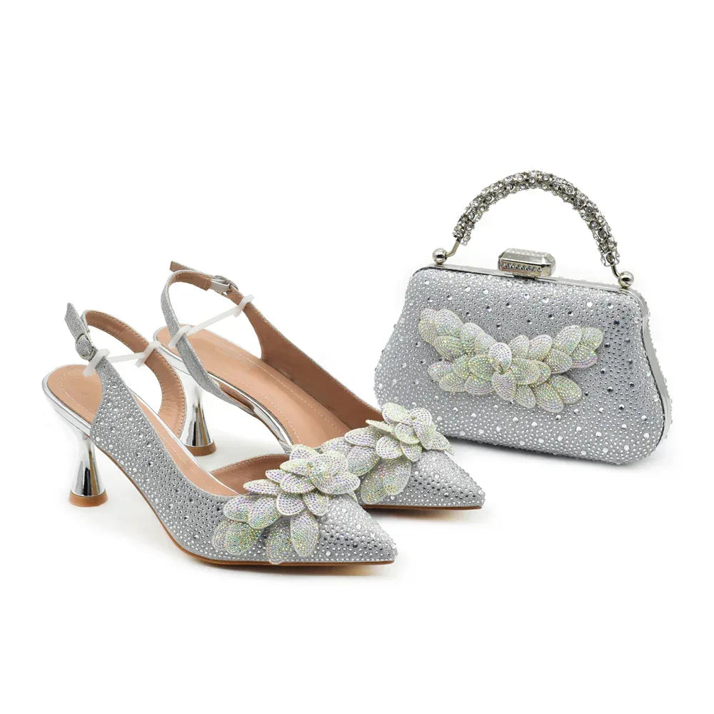 Leaf Appliqué Party Shoes & Matching Bag with Stiletto Heel - Styeenigma