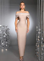 Off-the-Shoulder Beaded Bandage Dress – Rhinestone Embellished Evening Gown - Styeenigma