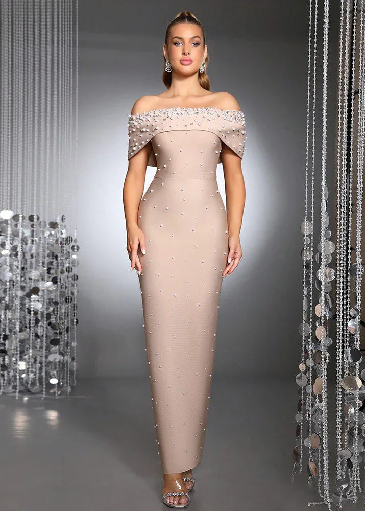 Off-the-Shoulder Beaded Bandage Dress – Rhinestone Embellished Evening Gown - Styeenigma