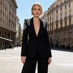 Women’s Black Suit Two-Piece Set – Rhinestone Blazer & High-Waist Straight Leg Pantsuit - Styeenigma