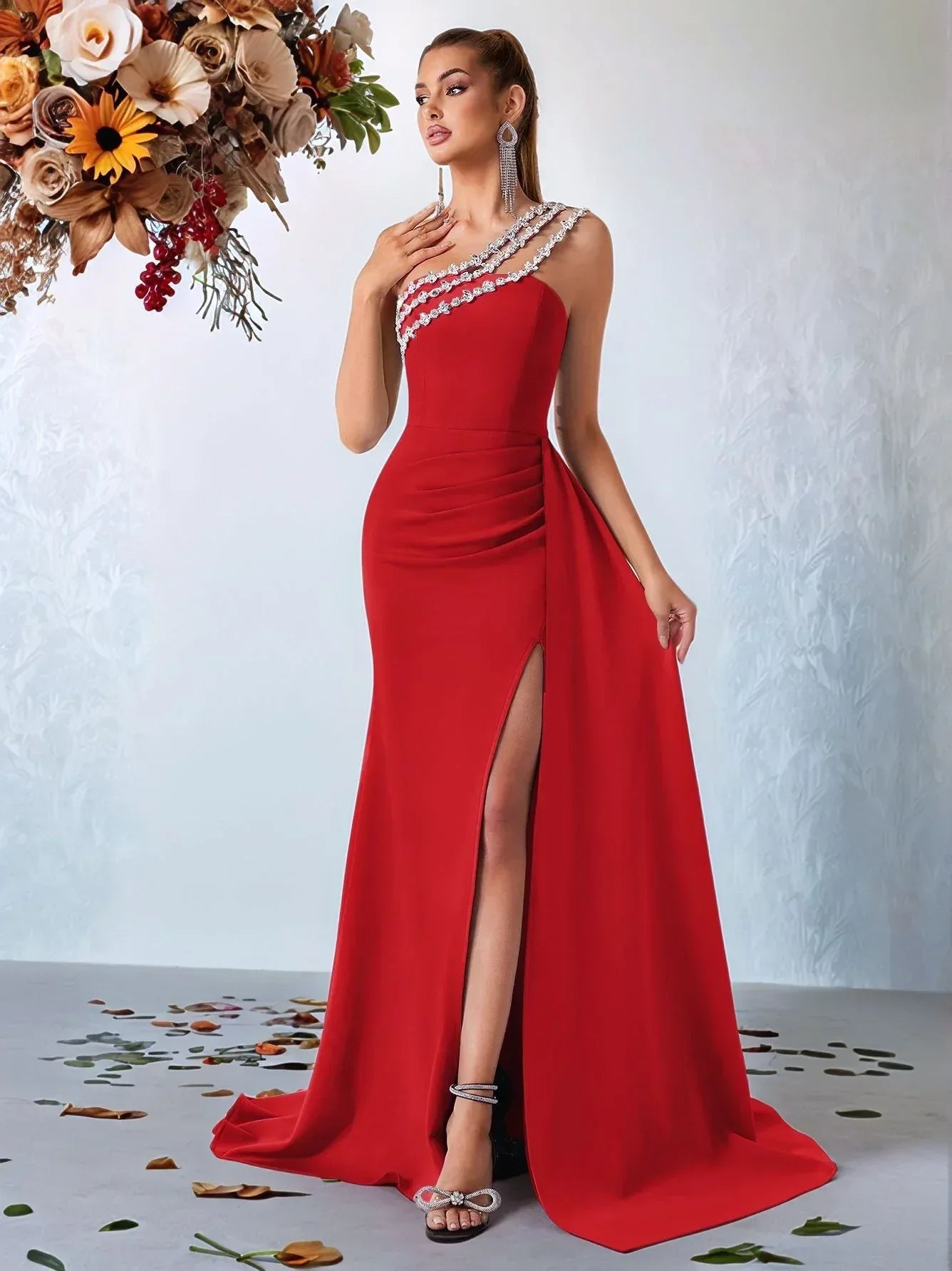 Luxury One-Shoulder Beaded Evening Gown – Bodycon Slit Formal Dress - Styeenigma