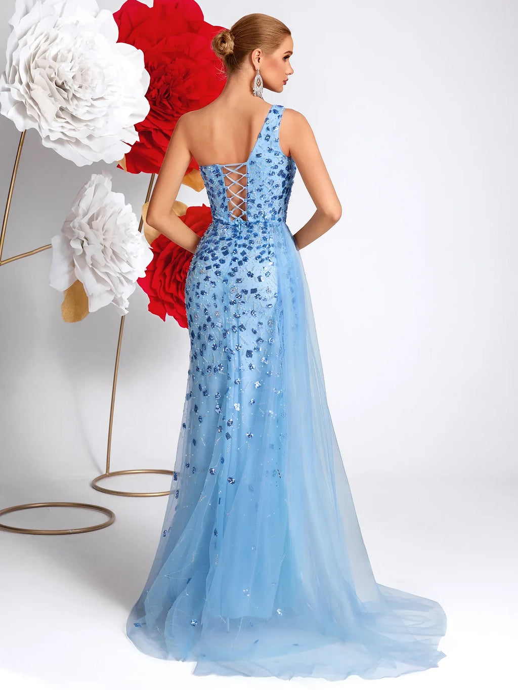 Sky Blue Beaded Sequin One Shoulder High Slit Evening Gown For Party & Formal - Styeenigma