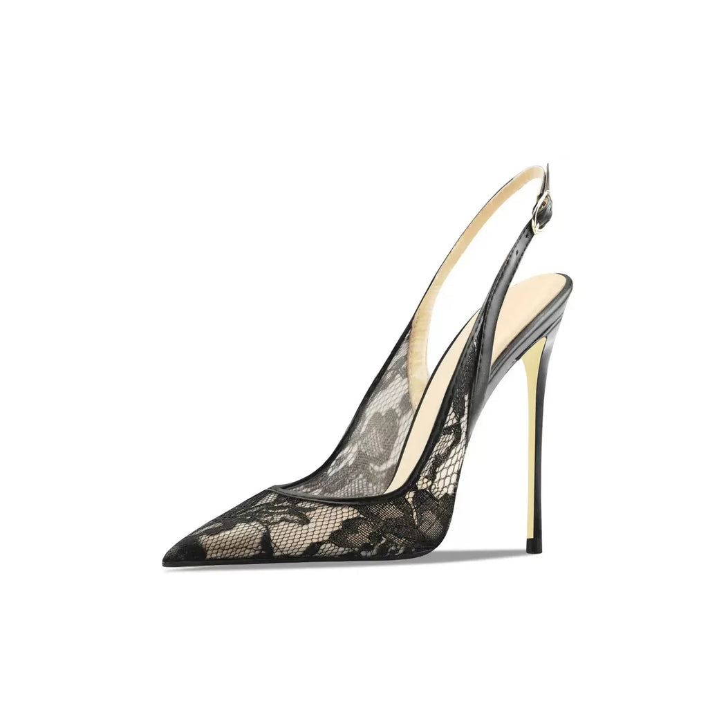 Women's Pointed Toe Lace Mesh Peep Toe High Heel Sandals - Styeenigma