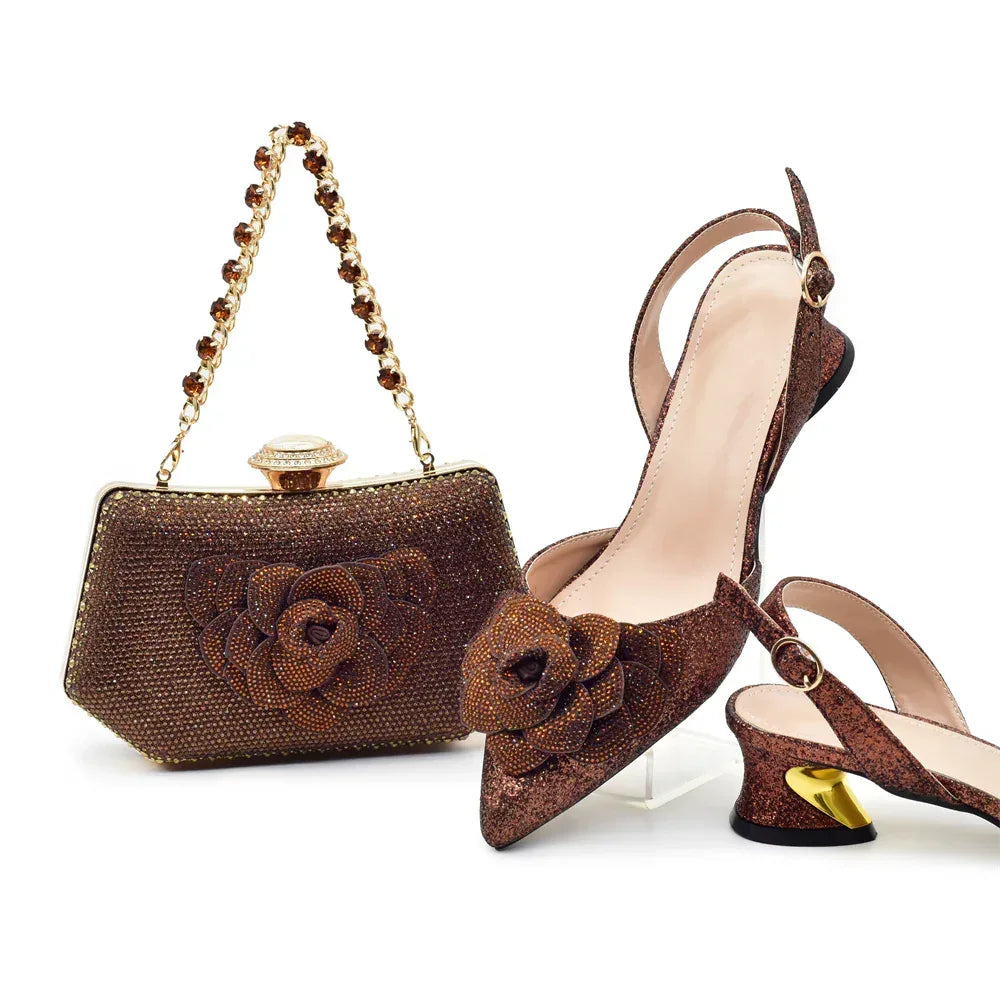 Floral Kitten Heels Sandals & Gemstone Hardbox Bag Evening Set - Styeenigma
