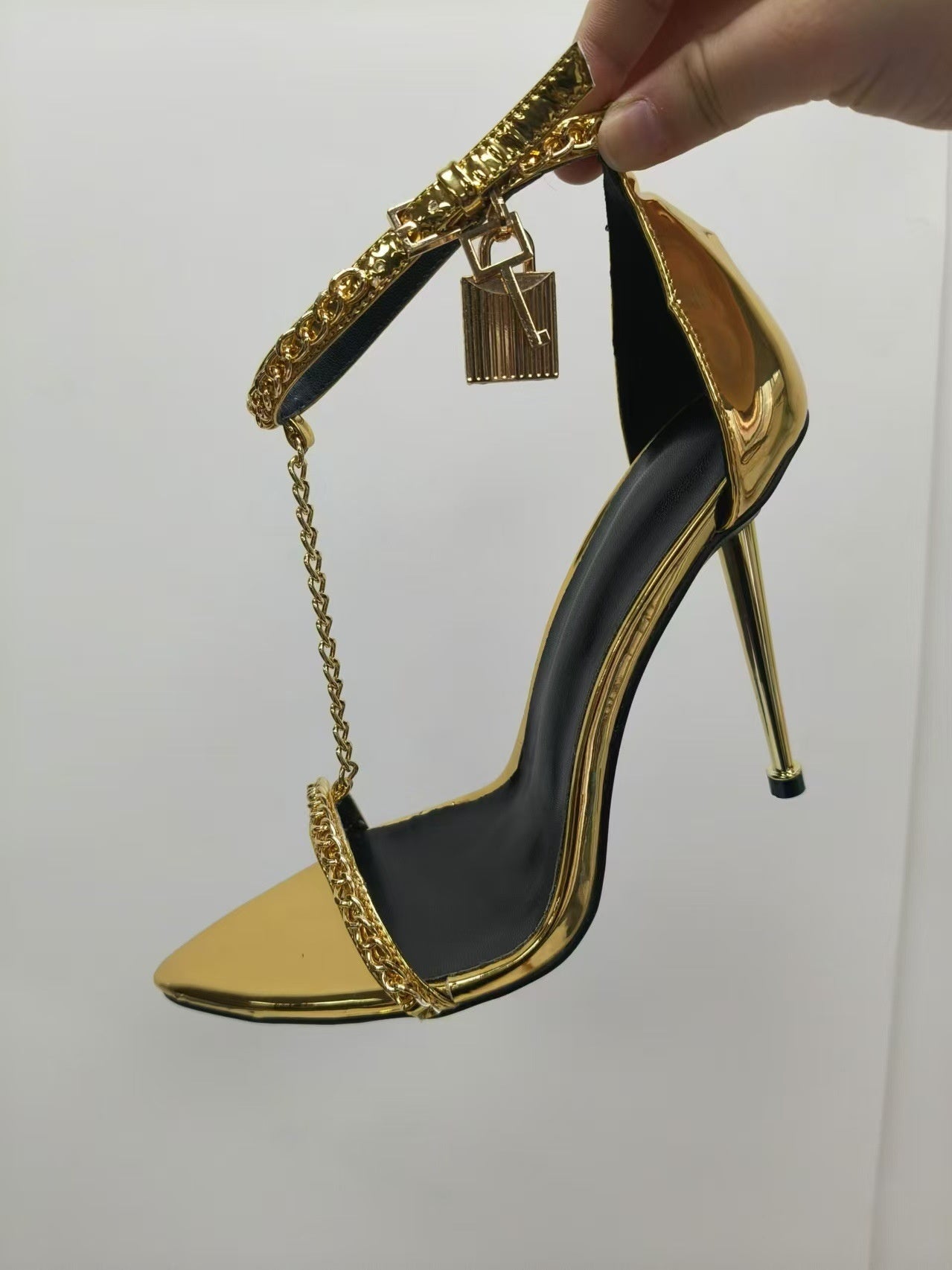 Gold Chain Stiletto Heels for Women – Metallic Sandals with Ankle Strap & Tassel Charm - Styeenigma