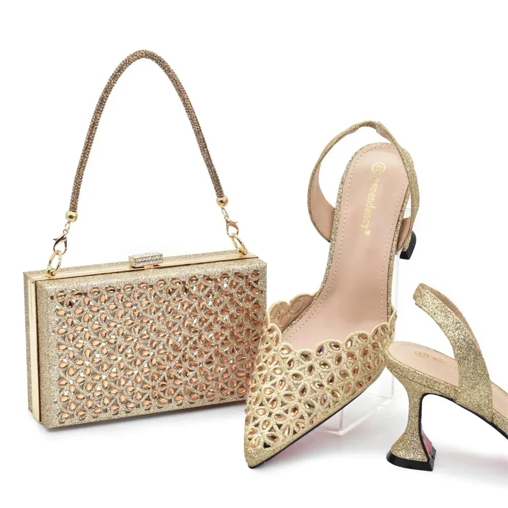 Pointed Toe Sequin Slip-On Stiletto Shoes & Matching Bag Set - Styeenigma