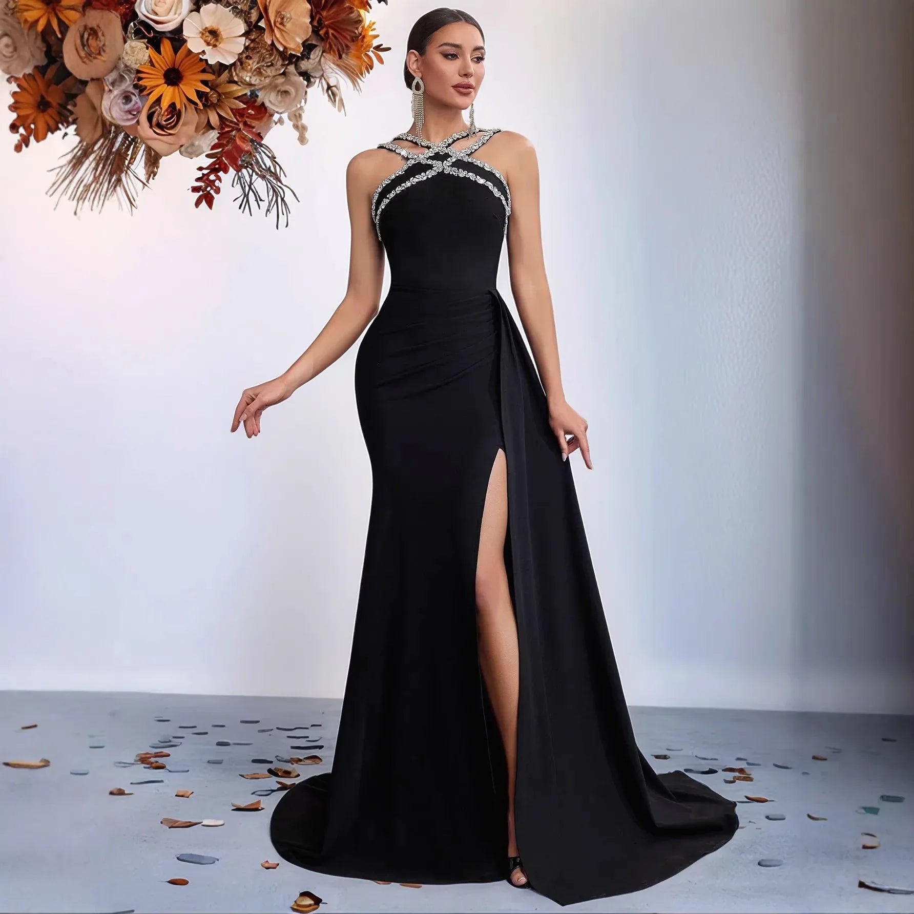 Halter Rhinestone Mermaid Evening Gown – Black Formal Dress with Side Slit & Train