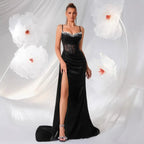 Backless Rhinestone Bustier Evening Gown with Train – Black Formal Dress - Styeenigma