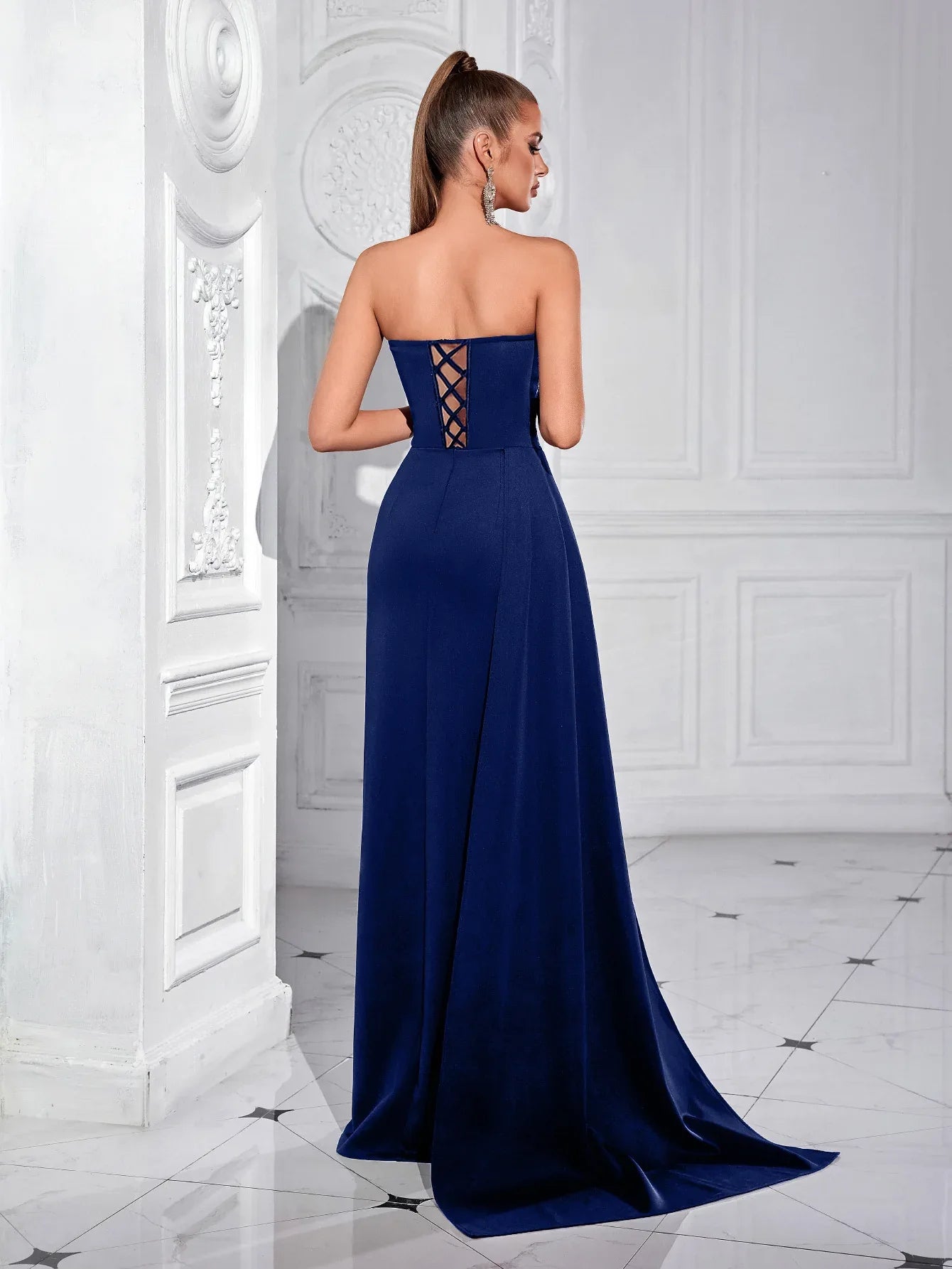 Sequin Strapless Ruched High Slit Evening Gown Dress – Elegant Formal Maxi - Styeenigma