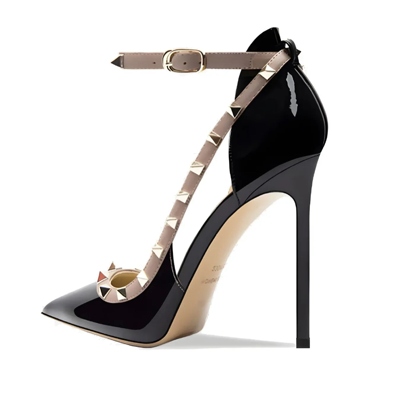 Pointed Toe Patent Leather High Heels Ankle Straps with Studs Detail - Styeenigma