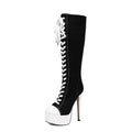 Women’s Black White Knee High Platform Stiletto Sneaker Boots Lace Up High Heel Boots