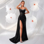 Backless Rhinestone Bustier Evening Gown with Train – Black Formal Dress - Styeenigma