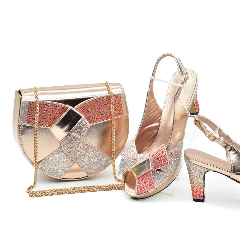 Peep Toe Rhinestone High Heel Sandals & Matching Bag Evening Set - Styeenigma