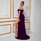 Sequin Off-the-Shoulder Mermaid Long Evening Gown Dress With Slit - Styeenigma
