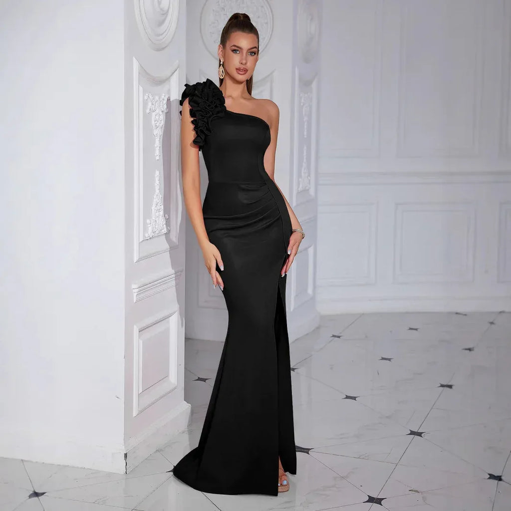Flower Appliqué One Shoulder Mermaid Long Prom Dress with High Slit - Styeenigma