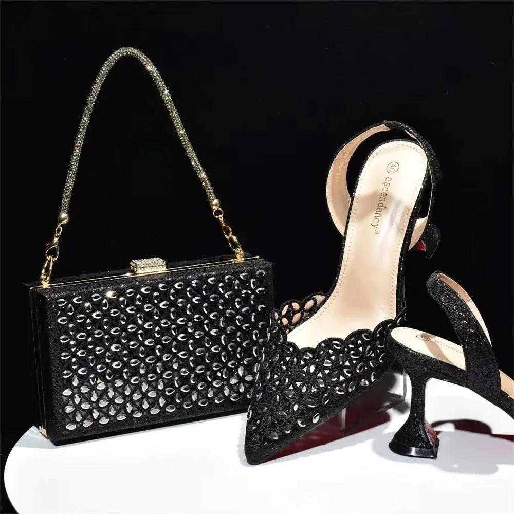 Pointed Toe Sequin Slip-On Stiletto Shoes & Matching Bag Set - Styeenigma
