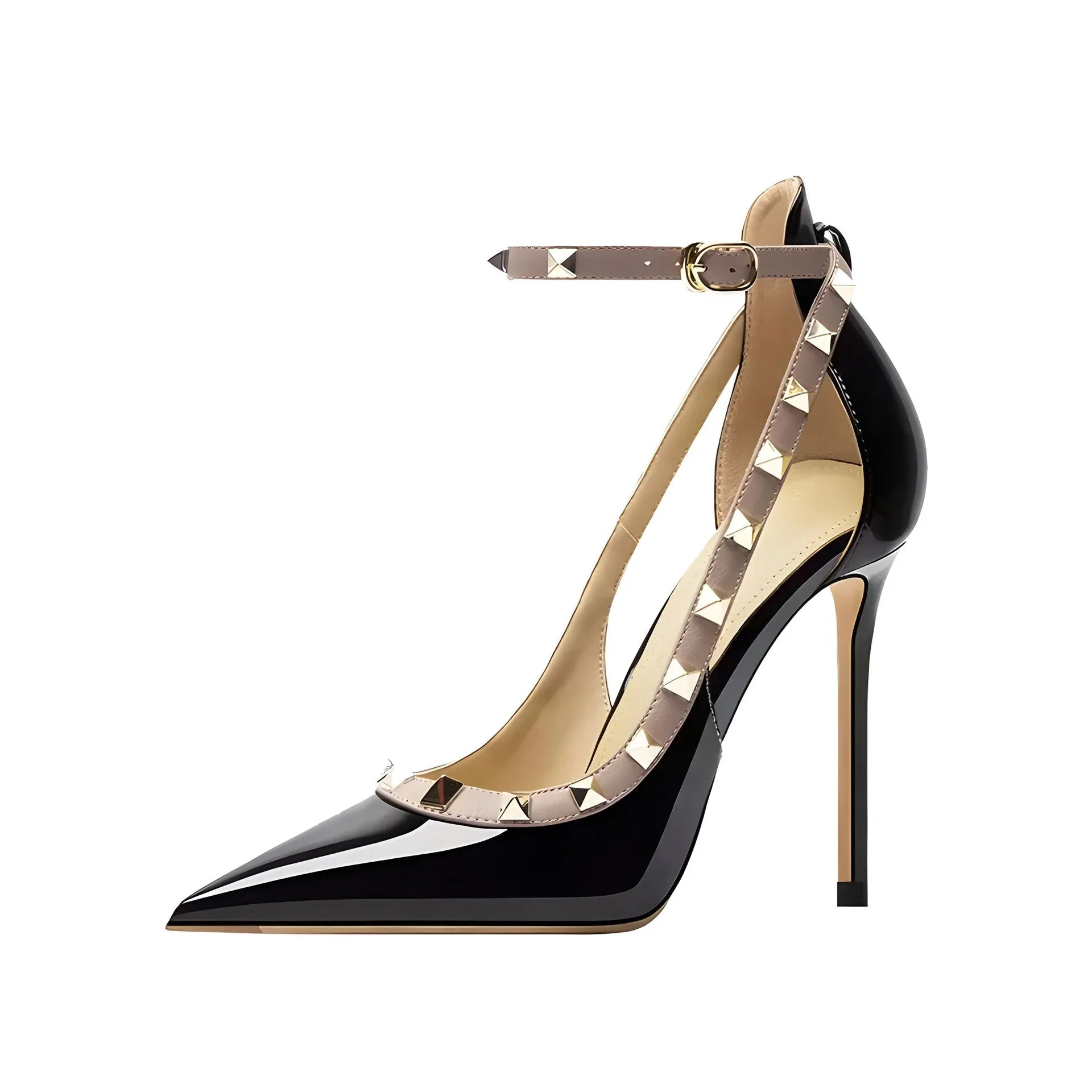 Pointed Toe Patent Leather High Heels Ankle Straps with Studs Detail - Styeenigma