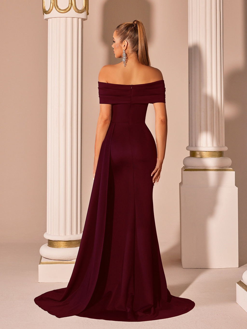 Off-Shoulder Gown with High Slit – Elegant Evening Dress - Styeenigma