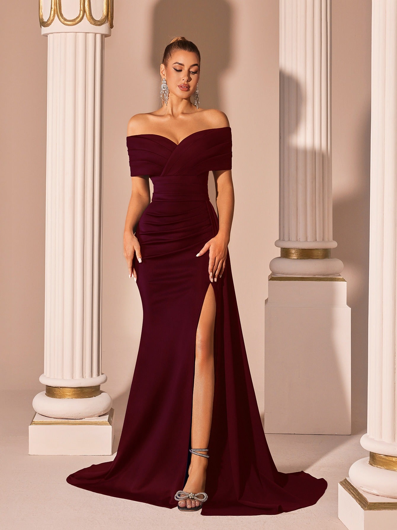 Off-Shoulder Gown with High Slit – Elegant Evening Dress - Styeenigma